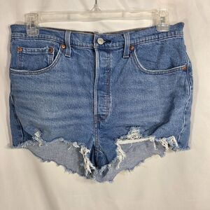 Levi's 501 Distressed Fringed Hem 5 Pocket Blue Denim Jean Shorts Size W32